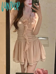 Lunivop Summer Pink Elegant Kawaii Dress Women Chiffon Korean Fashion Party Mini Female Sexy Casual
