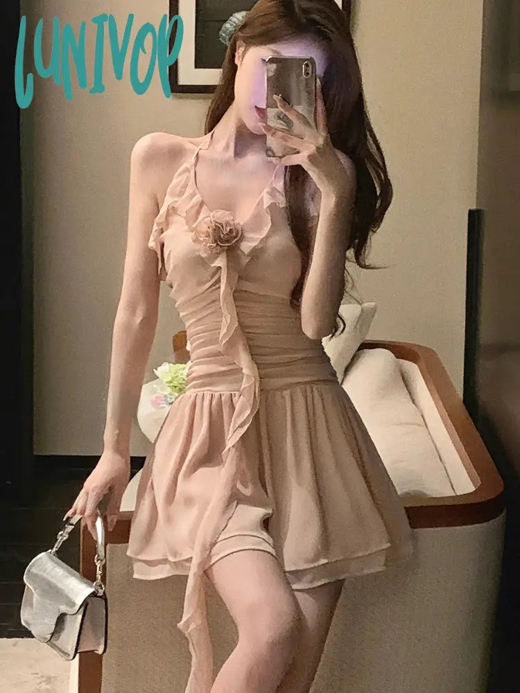 Lunivop Summer Pink Elegant Kawaii Dress Women Chiffon Korean Fashion Party Mini Female Sexy Casual