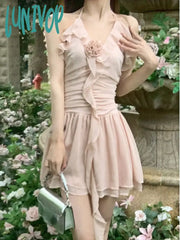 Lunivop Summer Pink Elegant Kawaii Dress Women Chiffon Korean Fashion Party Mini Female Sexy Casual