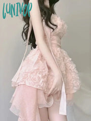Lunivop Summer Pink Flower Elegant Dress Women Backless Sweet Party Mini Female Korean Fashion