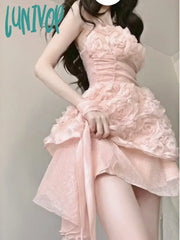 Lunivop Summer Pink Flower Elegant Dress Women Backless Sweet Party Mini Female Korean Fashion