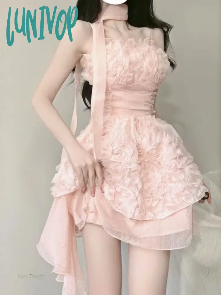 Lunivop Summer Pink Flower Elegant Dress Women Backless Sweet Party Mini Female Korean Fashion