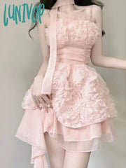 Lunivop Summer Pink Flower Elegant Dress Women Backless Sweet Party Mini Female Korean Fashion