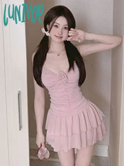 Lunivop Summer Pink Sexy Sweet Strap Dress Women Korean Fashion Party Mini Female Ruffled Backless