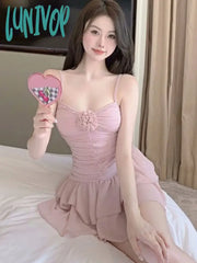 Lunivop Summer Pink Sexy Sweet Strap Dress Women Korean Fashion Party Mini Female Ruffled Backless