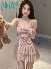 Lunivop Summer Pink Sexy Sweet Strap Dress Women Korean Fashion Party Mini Female Ruffled Backless