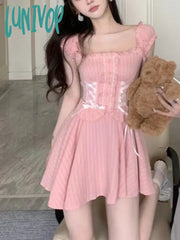 Lunivop Summer Pink Sweet Party Mini Dress Women Bow France Elegant Cute Female Korean Fashion