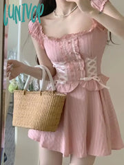 Lunivop Summer Pink Sweet Party Mini Dress Women Bow France Elegant Cute Female Korean Fashion