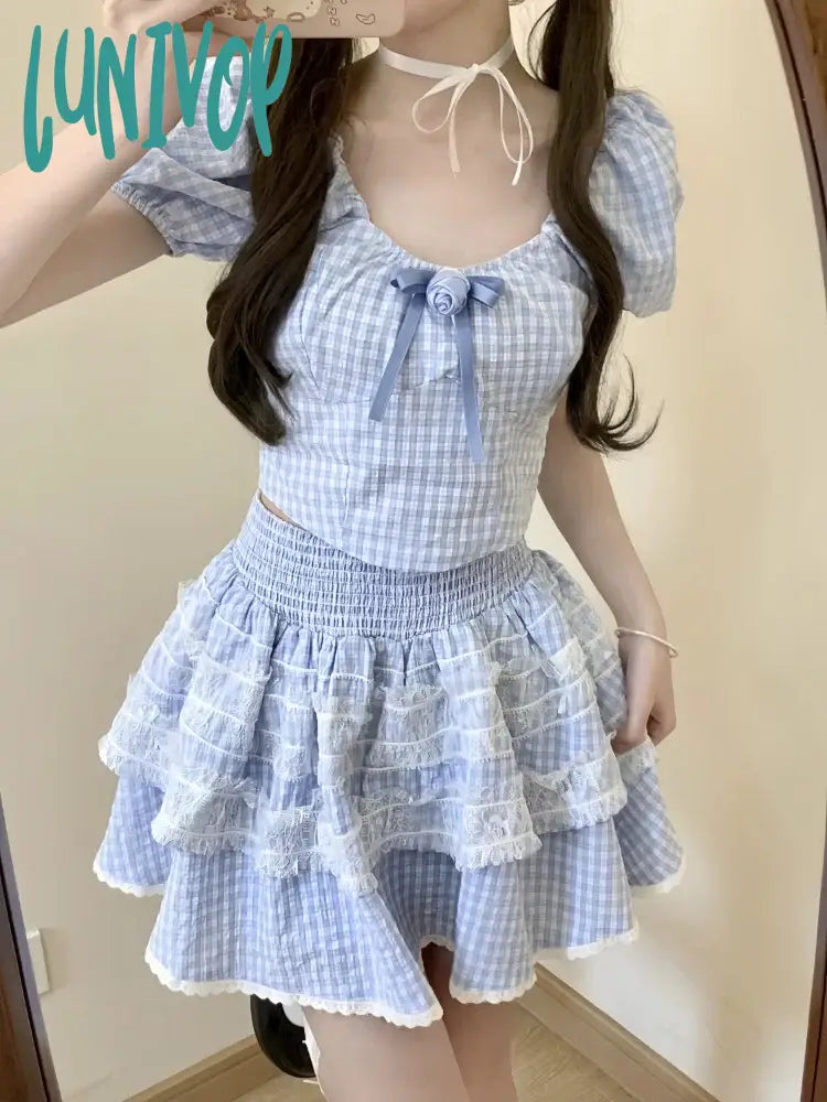 Lunivop Summer Plaid Kawaii Two Piece Skirt Set Women Lace Lolita Mini Suit Female Korean Fashion