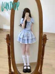 Lunivop Summer Plaid Kawaii Two Piece Skirt Set Women Lace Lolita Mini Suit Female Korean Fashion