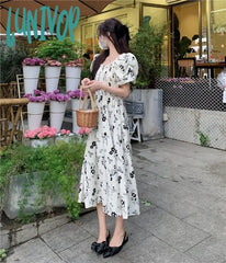 Lunivop Summer Pleated Women Chiffon Dresses Casual Beach Holiday Short Sleeve Square Collar Woman