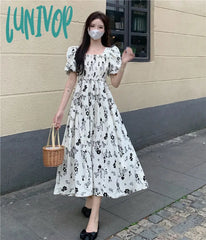 Lunivop Summer Pleated Women Chiffon Dresses Casual Beach Holiday Short Sleeve Square Collar Woman