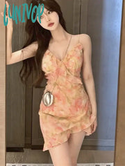 Lunivop Summer Print Floral Vintage Dress Women Chiffon Korean Fashion Party Mini Female Casual