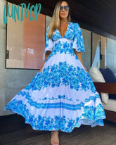 Lunivop Summer Printed Beach Cover Up Women’s Deep V-Neck Dresses Large Swing Female Dress