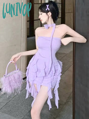 Lunivop Summer Purple Sexy Elegant Dress Women Backless Korean Style Party Mini Female Ruffle
