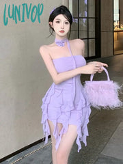 Lunivop Summer Purple Sexy Elegant Dress Women Backless Korean Style Party Mini Female Ruffle