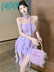 Lunivop Summer Purple Sexy Elegant Dress Women Backless Korean Style Party Mini Female Ruffle