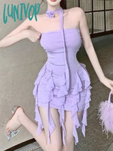 Lunivop Summer Purple Sexy Elegant Dress Women Backless Korean Style Party Mini Female Ruffle