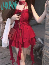 Lunivop Summer Red Sexy Suspender Dress Women Korean Style Elegant Party Mini Female Ruffle Flounce