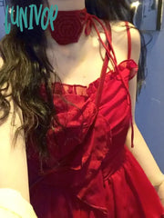 Lunivop Summer Red Sexy Suspender Dress Women Korean Style Elegant Party Mini Female Ruffle Flounce