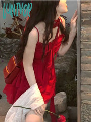 Lunivop Summer Red Sexy Suspender Dress Women Korean Style Elegant Party Mini Female Ruffle Flounce