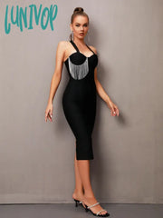 Lunivop Summer Sexy Criss Cross Diamonds Black Midi Women Bodycon Bandage Dress Elegant Evening