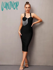Lunivop Summer Sexy Criss Cross Diamonds Black Midi Women Bodycon Bandage Dress Elegant Evening