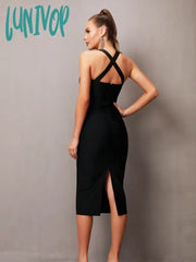 Lunivop Summer Sexy Criss Cross Diamonds Black Midi Women Bodycon Bandage Dress Elegant Evening