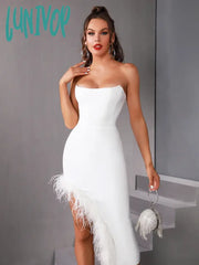 Lunivop Summer Sexy Strapless Backless Black White Hot Pink Feather Women Bodycon Bandage Dress