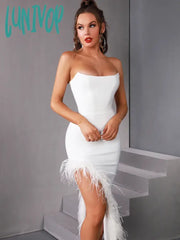 Lunivop Summer Sexy Strapless Backless Black White Hot Pink Feather Women Bodycon Bandage Dress