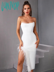 Lunivop Summer Sexy Strapless Backless Black White Hot Pink Feather Women Bodycon Bandage Dress
