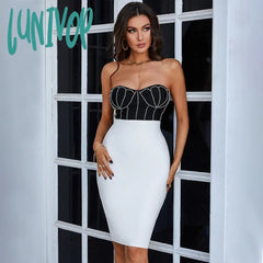 Lunivop Summer Sexy Strapless Backless Diamonds Crystal Patchwork Mini Bodycon Bandage Dress