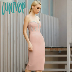 Lunivop Summer Sexy Strapless Bodycon Women Bandage Dress Elegant Beading Vestido Night Club Outfit