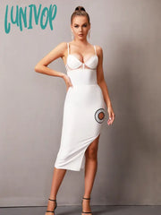 Lunivop Summer Sexy V Neck Backless Diamonds White Split Women Bodycon Bandage Dress Elegant