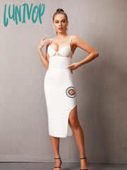 Lunivop Summer Sexy V Neck Backless Diamonds White Split Women Bodycon Bandage Dress Elegant
