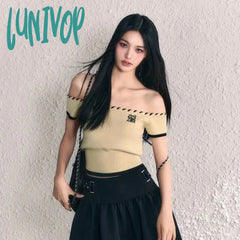 Lunivop Summer Short Sleeve T-Shirts Sexy Slim Y2K Crop Top Korean Style Off-Shoulder Backless Tees