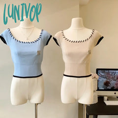 Lunivop Summer Short Sleeve T-Shirts Sexy Slim Y2K Crop Top Korean Style Off-Shoulder Backless Tees