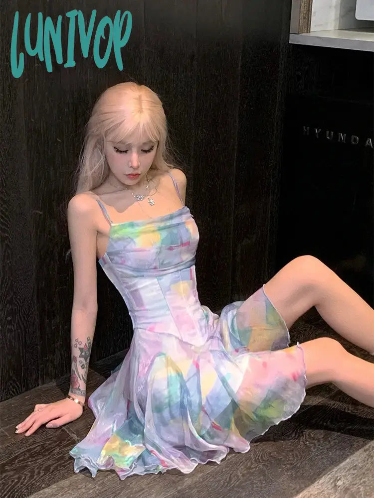 Lunivop Summer Slim Rainbow Strap Dress Women Sexy Print Y2K Party Mini Female Casual Korean
