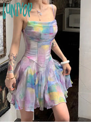 Lunivop Summer Slim Rainbow Strap Dress Women Sexy Print Y2K Party Mini Female Casual Korean