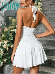 Lunivop Summer Solid Sleeveless Mini Dress For Women Sexy Backless Deep V Neck Ruched Camisole