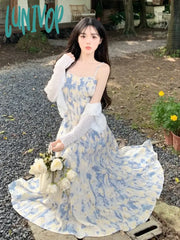 Lunivop Summer Spaghetti Strap Long Dresses Women Vintage Prints Elegant French Midi Dress Stylish