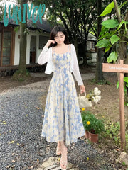 Lunivop Summer Spaghetti Strap Long Dresses Women Vintage Prints Elegant French Midi Dress Stylish