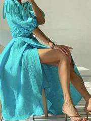 Lunivop Summer Spring Women Robe Midi Wrap Dress Lace Up V-Neck Linen Solid Blue Short Sleeve