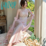Lunivop Summer Sweet Ice Silk Robe Sets Fairy Women Satin Nightdress Two Pieces Sexy Solid Color