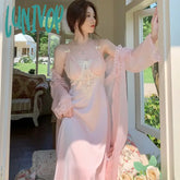 Lunivop Summer Sweet Ice Silk Robe Sets Fairy Women Satin Nightdress Two Pieces Sexy Solid Color