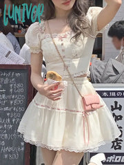 Lunivop Summer Sweet Princess Two Piece Set Women Lace Korean Fashion Party Mini Skirt Female Bow