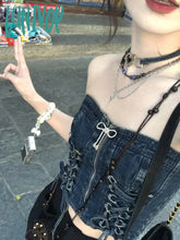 Lunivop Summer Vintage Y2K Sleeveless Crop Tops Women Backless Sexy Party Denim Corset Bandage