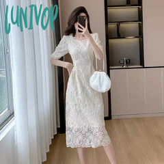 Lunivop Summer White Lace Hook Flower Hollow Midi Dress Women Fashion Chic Luxury Party Evening