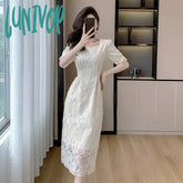 Lunivop Summer White Lace Hook Flower Hollow Midi Dress Women Fashion Chic Luxury Party Evening