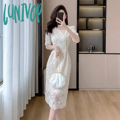Lunivop Summer White Lace Hook Flower Hollow Midi Dress Women Fashion Chic Luxury Party Evening